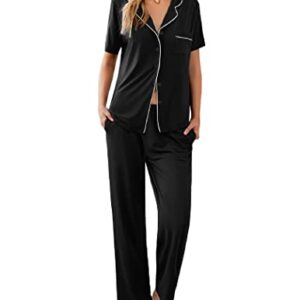 Ekouaer Womens 2-Piece Casual Button Down Nightwear Short Sleeve Pajama Set, Black, Medium