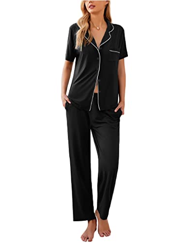 Ekouaer Womens 2-Piece Casual Button Down Nightwear Short Sleeve Pajama Set, Black, Medium