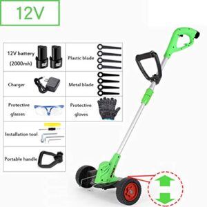 Electric Grass Trimmer , Cordless Lawn Mower with Wheel , 23cm Cutting Width（2 Lithium-Ion Battery & Quick Charger） Green