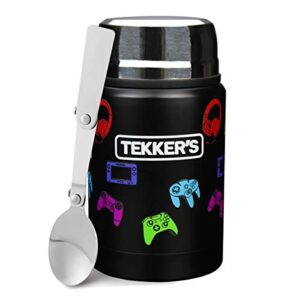 tekker's insulated thermos food jar lunch thermos 17 oz stainless steel container kids vacuum flask folding spoon office travel camping work school outdoors black gamepads