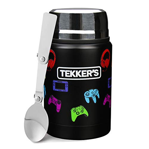 TEKKER'S Insulated Thermos Food Jar Lunch Thermos 17 Oz Stainless Steel Container Kids Vacuum Flask Folding Spoon Office Travel Camping Work School Outdoors Black Gamepads