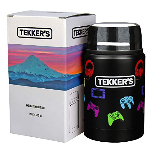 TEKKER'S Insulated Thermos Food Jar Lunch Thermos 17 Oz Stainless Steel Container Kids Vacuum Flask Folding Spoon Office Travel Camping Work School Outdoors Black Gamepads