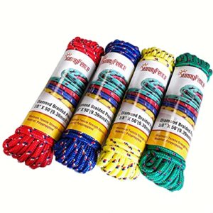 sunnyfence 3/8”, 200ft / 61m, (4 packs x 3/8” x 50ft) diamond braided polypropylene premium rope/ropes heavy duty rope with red/yellow/blue/green