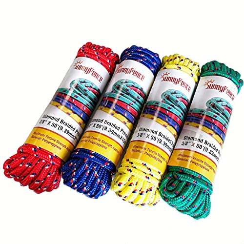 SunnyFence 3/8”, 200ft / 61m, (4 Packs X 3/8” X 50ft) Diamond Braided Polypropylene Premium Rope/Ropes Heavy Duty Rope with Red/Yellow/Blue/Green