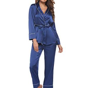 Ekouaer Satin Pajamas Set Long Sleeve Sleepwear for Women Silky Nightwear V-Neck PJS Set 2 Piece Lounge Sets Silk PJ