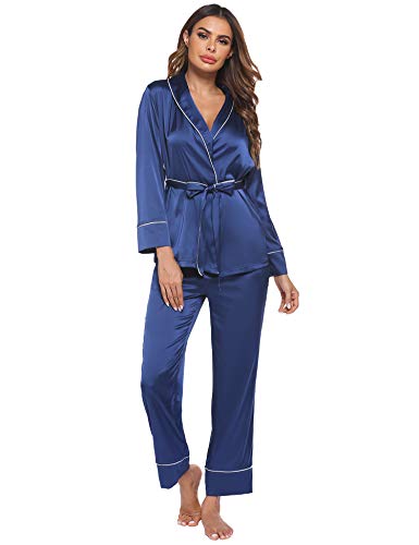 Ekouaer Satin Pajamas Set Long Sleeve Sleepwear for Women Silky Nightwear V-Neck PJS Set 2 Piece Lounge Sets Silk PJ