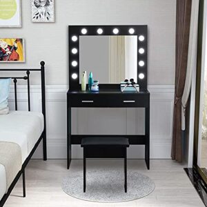 CLIPOP Modern Makeup Table with Mirror and Chair, Dressing Table with Light, 2 Drawers, Bedroom Dressing Table with 12 LED Lights and 3 Colors Lighting, Vanity Stool for Women, Girl’s Room (White)