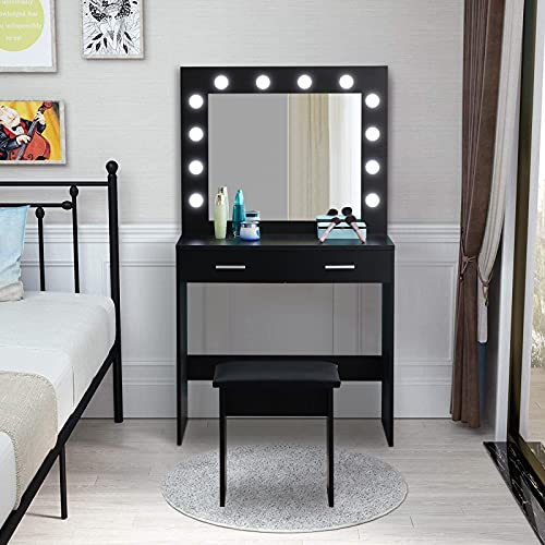 CLIPOP Modern Makeup Table with Mirror and Chair, Dressing Table with Light, 2 Drawers, Bedroom Dressing Table with 12 LED Lights and 3 Colors Lighting, Vanity Stool for Women, Girl’s Room (White)