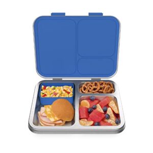 bentgo® kids stainless steel leak-resistant lunch box - bento-style redesigned in 2022 w/upgraded latches, 3 compartments, & extra container - eco-friendly, dishwasher safe, patented design (blue)