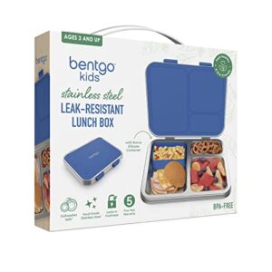 Bentgo® Kids Stainless Steel Leak-Resistant Lunch Box - Bento-Style Redesigned in 2022 w/Upgraded Latches, 3 Compartments, & Extra Container - Eco-Friendly, Dishwasher Safe, Patented Design (Blue)
