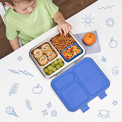 Bentgo® Kids Stainless Steel Leak-Resistant Lunch Box - Bento-Style Redesigned in 2022 w/Upgraded Latches, 3 Compartments, & Extra Container - Eco-Friendly, Dishwasher Safe, Patented Design (Blue)