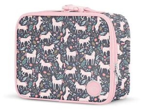 simple modern kids lunch box for toddler | reusable insulated bag for girls | meal containers for school with exterior and interior pockets | hadley collection | unicorn fields