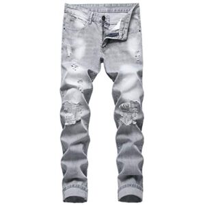 lzler mens ripped jeans,distressed destroyed slim fit straight leg denim pant with holes(light grey 870,36)