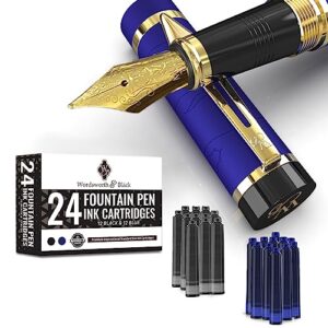 wordsworth & black primori fountain pen set [blue gold]; medium nib, gift case, 24 ink cartridges, refill converter, manual; journaling, calligraphy, smooth writing pens; left & right handed