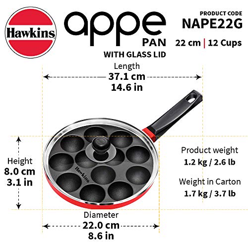 HAWKINS Nonstick Appe Pan with Glass Lid, 12 Cups, Diameter 22 cm, Black (NAPE22G), Standard