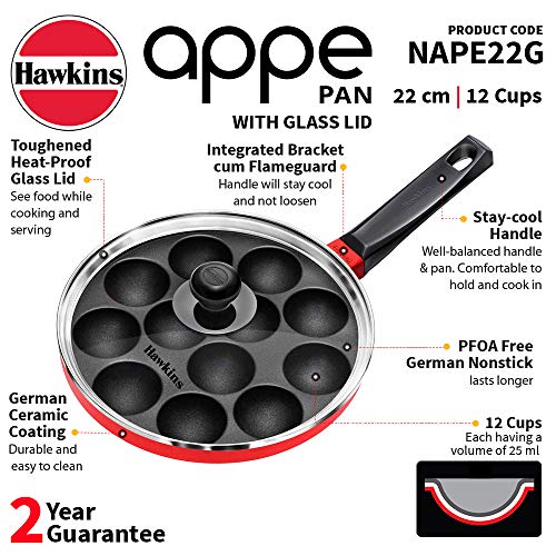 HAWKINS Nonstick Appe Pan with Glass Lid, 12 Cups, Diameter 22 cm, Black (NAPE22G), Standard