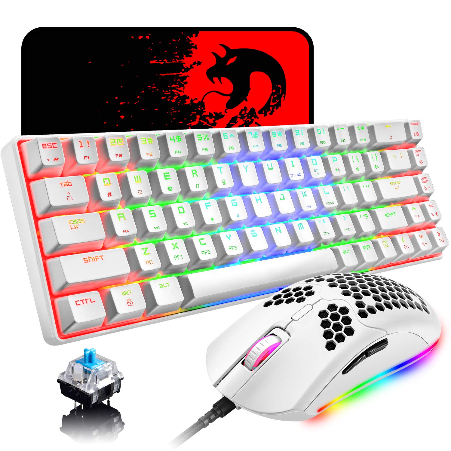 60% Mechanical Gaming Keyboard Blue Switch Mini 68 Keys Wired Type C 18 Backlit Effects,Lightweight RGB 6400DPI Honeycomb Optical Mouse,Gaming Mouse pad for Gamers and Typists (White)