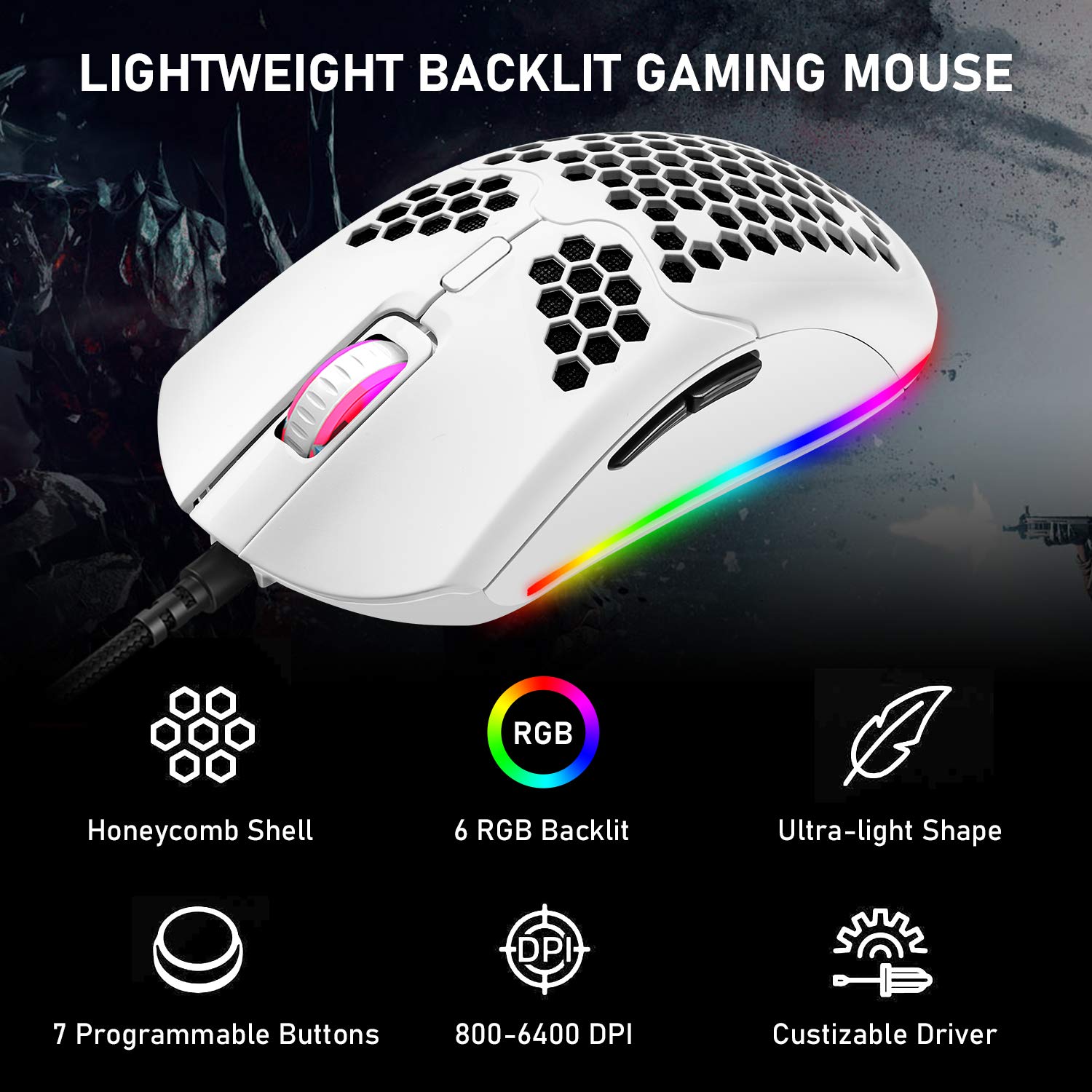 60% Mechanical Gaming Keyboard Blue Switch Mini 68 Keys Wired Type C 18 Backlit Effects,Lightweight RGB 6400DPI Honeycomb Optical Mouse,Gaming Mouse pad for Gamers and Typists (White)