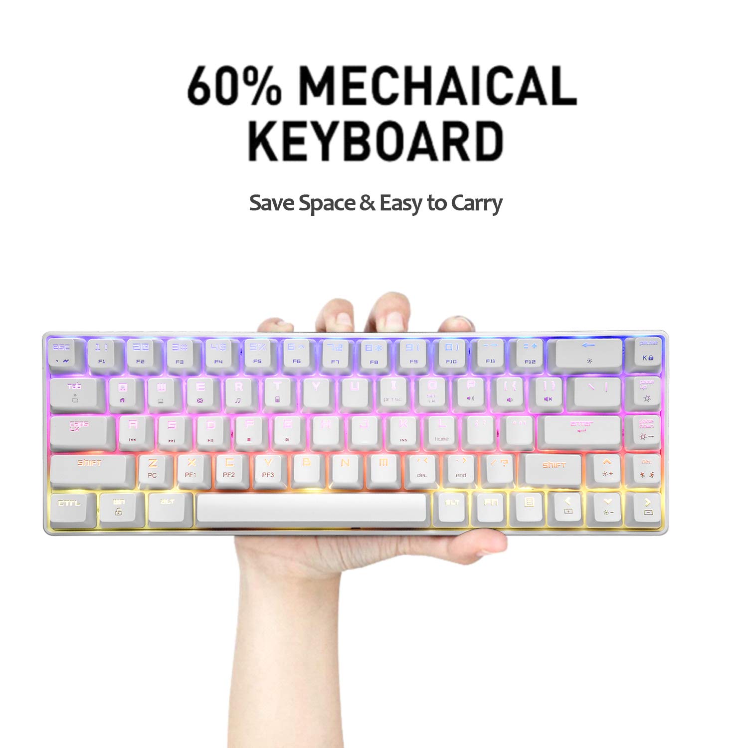 60% Mechanical Gaming Keyboard Blue Switch Mini 68 Keys Wired Type C 18 Backlit Effects,Lightweight RGB 6400DPI Honeycomb Optical Mouse,Gaming Mouse pad for Gamers and Typists (White)