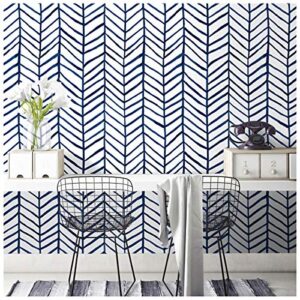 haokhome 96020-2 modern stripe peel and stick wallpaper for bedroom herringbone navy blue vinyl removable decoration 17.7in x 9.8ft