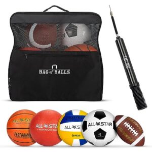 complete sports ball set - outdoor sports balls in carry bag - sport balls kit with pump for adults and kids - branded soccer ball, basketball, volleyball, american football, dodgeball playground ball