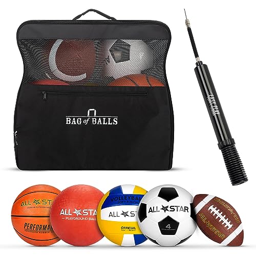 Complete Sports Ball Set - Outdoor Sports Balls in Carry Bag - Sport Balls Kit with Pump for Adults and Kids - Branded Soccer Ball, Basketball, Volleyball, American Football, Dodgeball Playground Ball