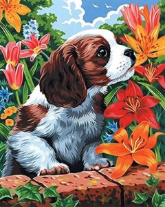 coolstek paint by numbers kits for kids adults beginner, diy acrylic oil painting on canvas,16 x 20 inch flowers and dogs-without framed