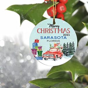 merry christmas ornament with custom name city sarasota florida fl state - red truck ornaments for christmas tree 2022 - keepsake gift ideas ornament 3" circle flat