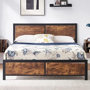 vecelo full platform bed frame with rustic vintage wood headboard, mattress foundation, strong metal slats support, no box spring needed