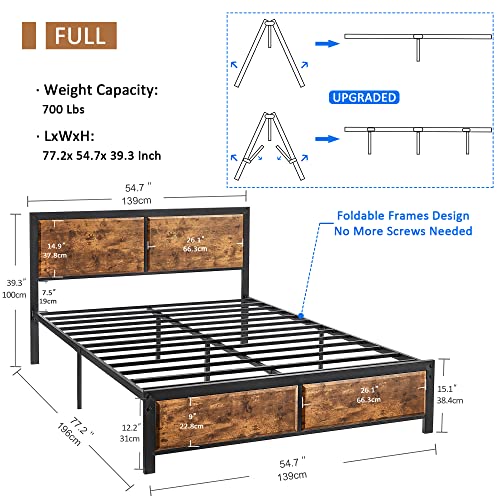 VECELO Full Platform Bed Frame with Rustic Vintage Wood Headboard, Mattress Foundation, Strong Metal Slats Support, No Box Spring Needed