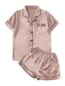 makemechic women's satin sleepwear button front short sleeve 2 piece pajama set dusty pink s