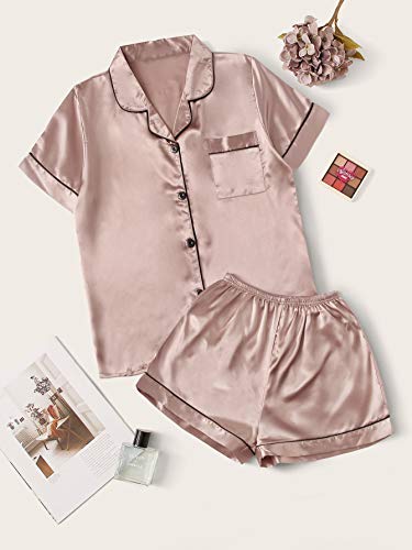 MakeMeChic Women's Satin Sleepwear Button Front Short Sleeve 2 Piece Pajama Set Dusty Pink S