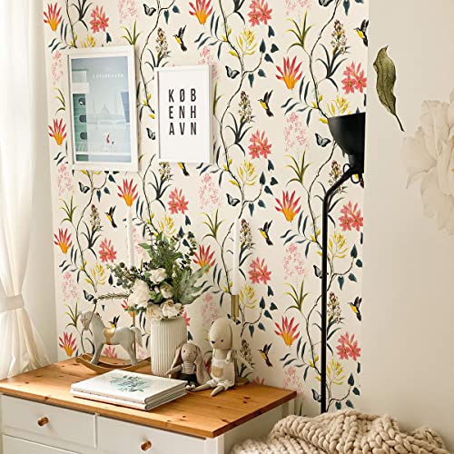 Orainege Floral Peel and Stick Wallpaper Vintage Floral Contact Paper 17.7 inch x 78.7 inch Flowers and Butterfly Contact Paper Peel and Stick Wallpaper Birds Removable Wallpaper Bathroom Wall Paper