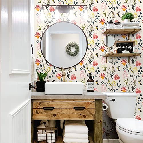 Orainege Floral Peel and Stick Wallpaper Vintage Floral Contact Paper 17.7 inch x 78.7 inch Flowers and Butterfly Contact Paper Peel and Stick Wallpaper Birds Removable Wallpaper Bathroom Wall Paper