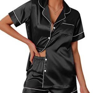 Ekouaer Womens Loungewear Satin Short Sleeve Top and Shorts Pajamas Set, Black, Medium
