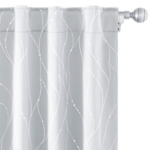 homeideas greyish white blackout curtains 52 x 84 inches long 2 panels silver wave line with dots printed back tab room darkening curtains, pocket thermal light blocking window curtains for bedroom