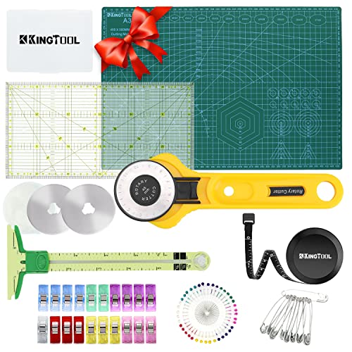 KingTool Rotary Cutter Set- 45mm Cutter Kit with A3 Cutting Mat, 3 Replacement Blades, Quilting Rulers, Sewing Clips, Sewing Pins - Perfect for Crafting, Fabric, Quilting, Sewing