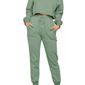 ZESICA Women's Long Sleeve Crop Top and Pants Pajama Sets 2 Piece Jogger Long Sleepwear Loungewear Pjs Sets,Green,Large