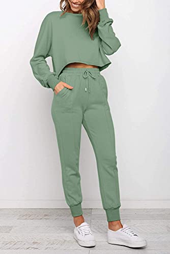 ZESICA Women's Long Sleeve Crop Top and Pants Pajama Sets 2 Piece Jogger Long Sleepwear Loungewear Pjs Sets,Green,Large