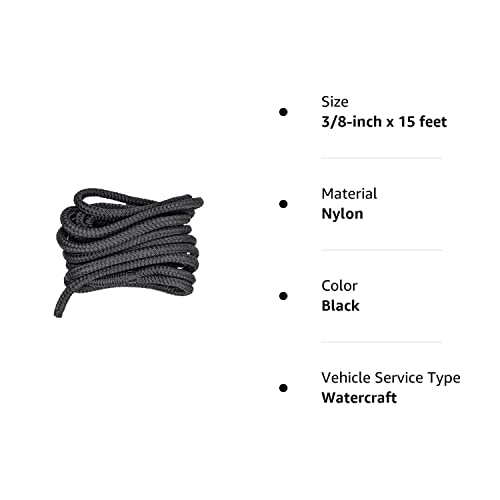 South Bend Rope Marine Grade Double Braided Nylon Dock Line w/ Eye Splice (Black, 3/8-inch x 15 feet)