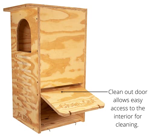 JCs Wildlife Barred Owl Nesting Box - Treated Exterior Grade Plywood - Mounting Hardware and Pine Shavings Included - Dedicated Clean Out Door for Easy Cleaning - Made in The USA