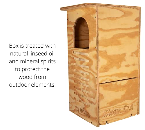 JCs Wildlife Barred Owl Nesting Box - Treated Exterior Grade Plywood - Mounting Hardware and Pine Shavings Included - Dedicated Clean Out Door for Easy Cleaning - Made in The USA