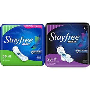 stayfree maxi pads for women, super - 66 count with stayfree maxi overnight pads with wings for women 28 counts