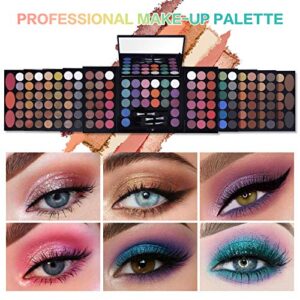 All In One Makeup Kit 142 Ultimate Colors Matte Shimmer Eyeshadow Palette Colorful Gifts For Women 3 blush 3 Sponge Brushs 3 Eyebrow Powder Professional Cosmetics Fashion Women Makeup Case Full Primer Set Present