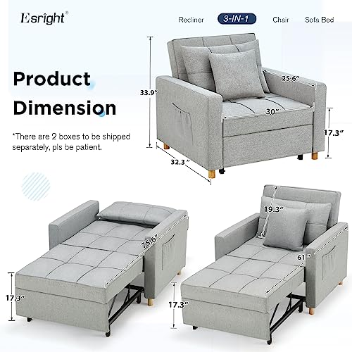 Esright 40 Inch Sleeper Chair Bed 3-in-1 Convertible Futon Multi-Functional Sofa Bed Adjustable Reading Chair with Modern Linen Fabric, Light Grey