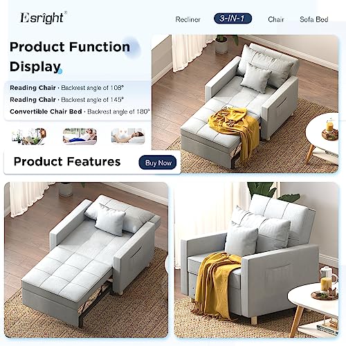 Esright 40 Inch Sleeper Chair Bed 3-in-1 Convertible Futon Multi-Functional Sofa Bed Adjustable Reading Chair with Modern Linen Fabric, Light Grey