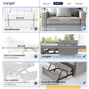 Esright 40 Inch Sleeper Chair Bed 3-in-1 Convertible Futon Multi-Functional Sofa Bed Adjustable Reading Chair with Modern Linen Fabric, Light Grey