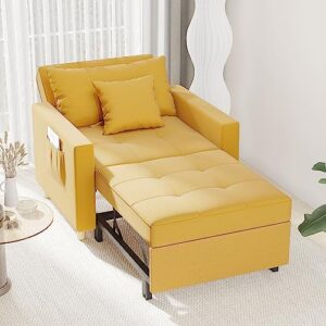 esright 40 inch sleeper chair bed 3-in-1 convertible futon chair multi-functional sofa bed adjustable reading chair with modern linen fabric, yellow