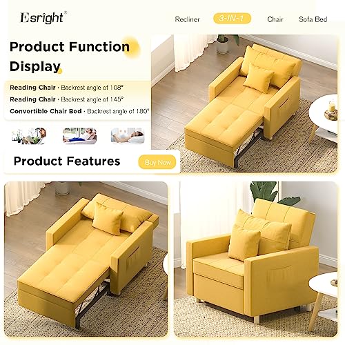 Esright 40 Inch Sleeper Chair Bed 3-in-1 Convertible Futon Chair Multi-Functional Sofa Bed Adjustable Reading Chair with Modern Linen Fabric, Yellow