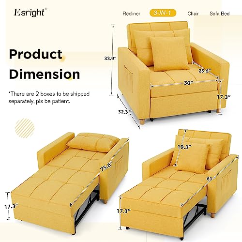 Esright 40 Inch Sleeper Chair Bed 3-in-1 Convertible Futon Chair Multi-Functional Sofa Bed Adjustable Reading Chair with Modern Linen Fabric, Yellow